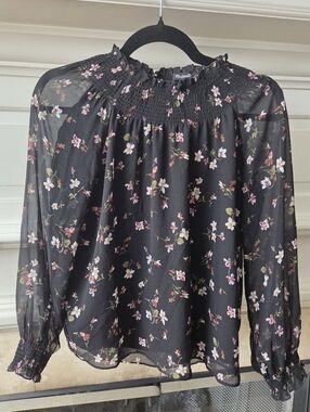 Madewell Black Floral Smocked-Yoke Blouse Size XXS